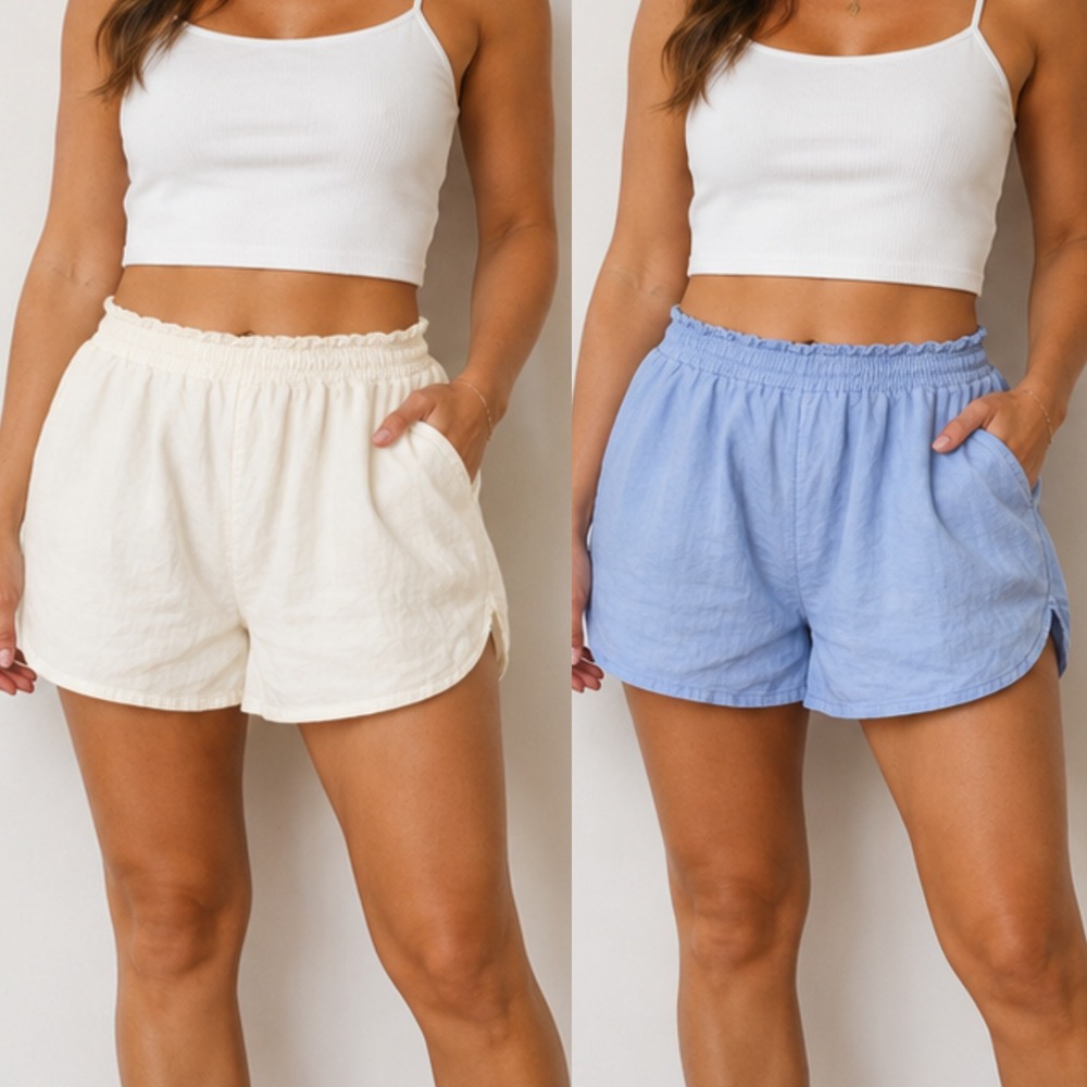 Aerie Linen Blend Shorts Women's Large Blue White Pull On Coastal Set of 2